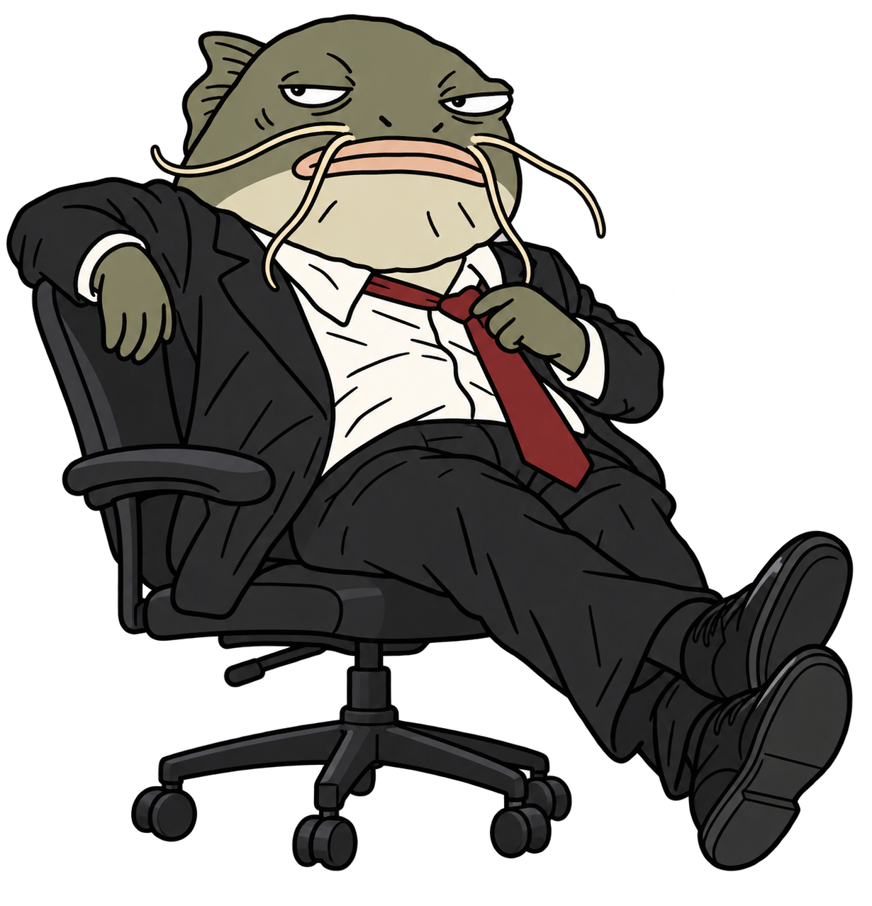 GROM reclining in his sunken office chair