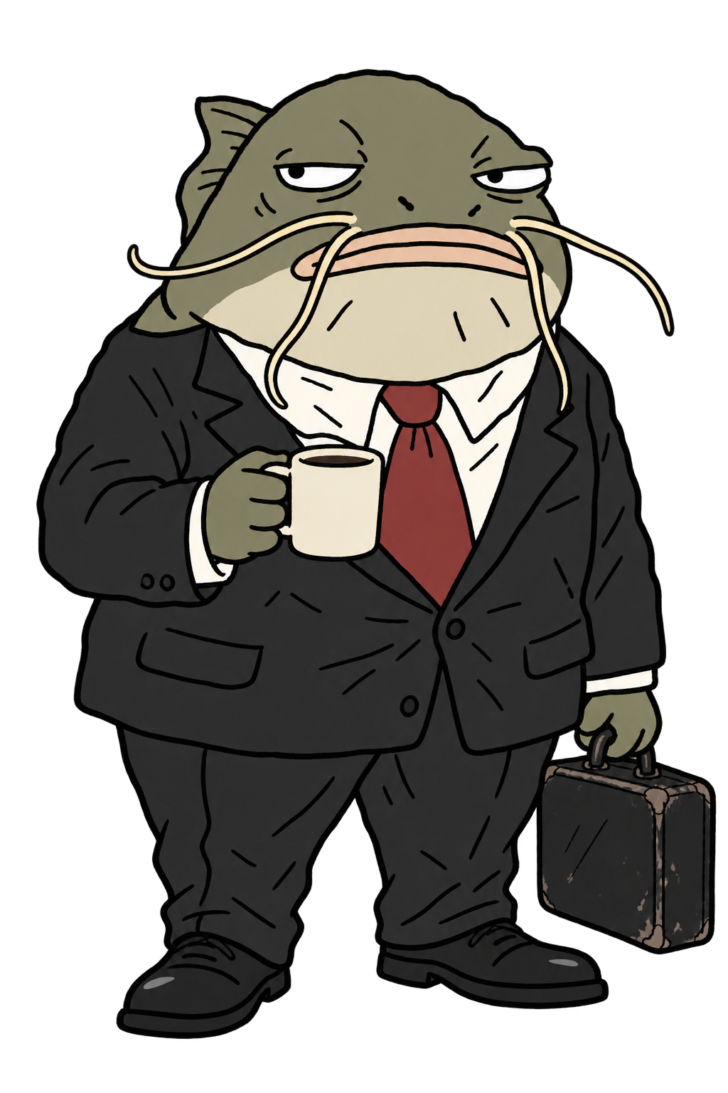 GROM carrying his coffee and briefcase